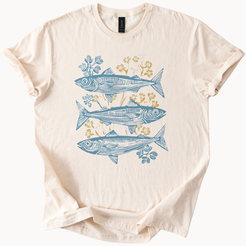 Vintage Fish and Flowers Graphic Tee Natural Botanical Line Art - Picture 1 of 6